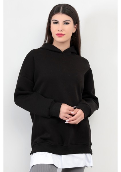 Siyah Kadın Oversize Kapüşonlu Sweatshirt Eteği T-Shirt Katman Detaylı Ribanalı Hoodie - 2520