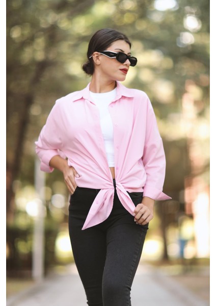 Toz Pembe Kadın Uzun Kollu Oversize Basic Gömlek %95 Pamuklu - 3900