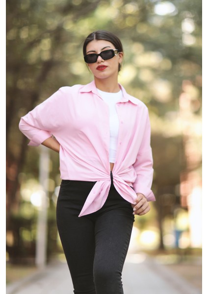 Toz Pembe Kadın Uzun Kollu Oversize Basic Gömlek %95 Pamuklu - 3900