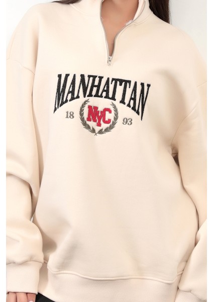 Bej Manhattan Pamuk Karışımlı Yarım Fermuar Dik Yaka Kadın Oversize Sweatshirt - 9012