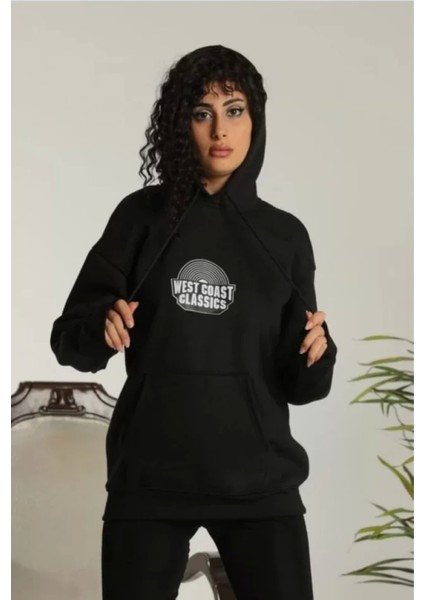 Unisex Sırt Baskılı Kapüşonlu Üç Iplik Oversize Sweatshirt - Siyah