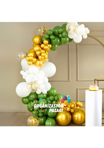 Balon Seti Krom Gold-Okaliptus-Beyaz-Şeffaf 100 Lü Balon Zinciri Seti + 10 Gr Gold Pul