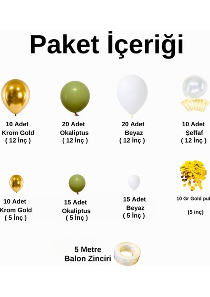 Balon Seti Krom Gold-Okaliptus-Beyaz-Şeffaf 100 Lü Balon Zinciri Seti + 10 Gr Gold Pul fiyatları