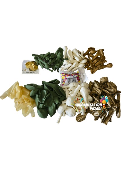 Balon Seti Krom Gold-Okaliptus-Beyaz-Şeffaf 100 Lü Balon Zinciri Seti + 10 Gr Gold Pul modelleri