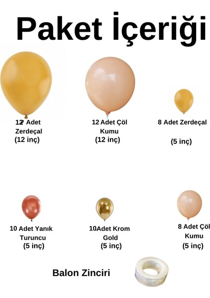 Balon Seti Krom Gold-Yanık(burnt) Turuncu- Zerdeçal - Çöl Kumu 60 Lı Balon Zinciri Seti