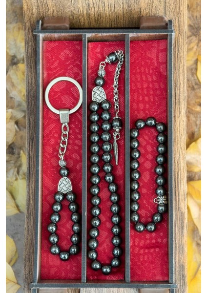Ahşap Kutuda Tesbih Bileklik ve Anahtarlık Hematit Taşı Seti
