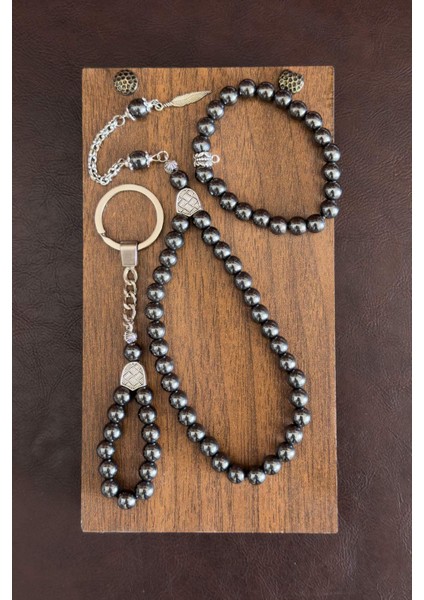 Ahşap Kutuda Tesbih Bileklik ve Anahtarlık Hematit Taşı Seti fiyatları