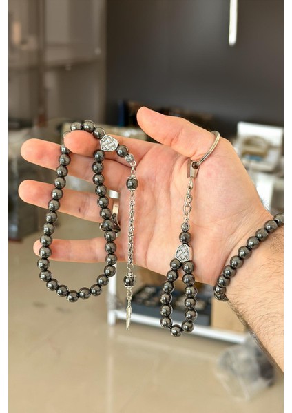 Ahşap Kutuda Tesbih Bileklik ve Anahtarlık Hematit Taşı Seti modelleri