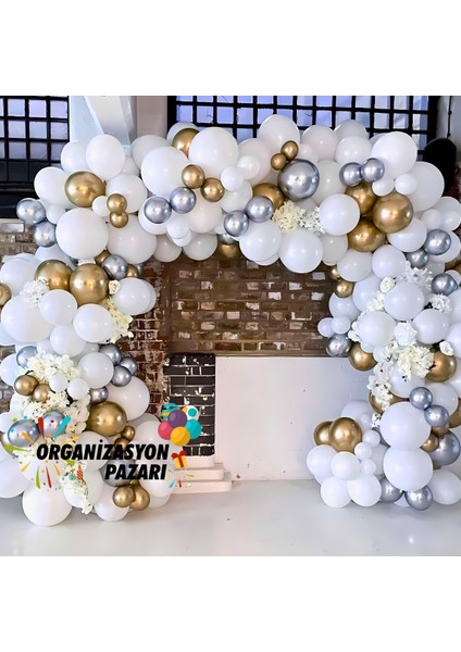Balon Seti Krom Gümüş-Krom Gold-Pastel Beyaz 100 Lü Balon Zinciri Seti