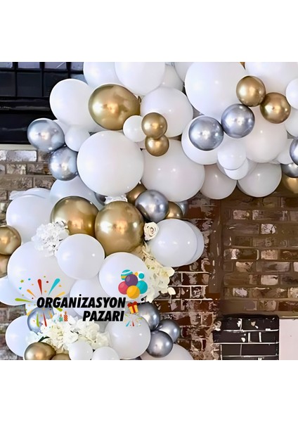 Balon Seti Krom Gümüş-Krom Gold-Pastel Beyaz 100 Lü Balon Zinciri Seti fırsatları