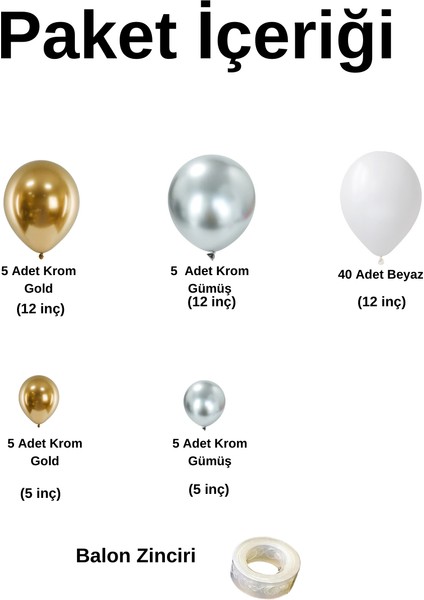 Balon Seti Krom Gümüş-Krom Gold-Pastel Beyaz 60 Lı Balon Zinciri Seti fiyatları