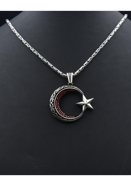 Gümüş Ay Yıldızlı (Ayyıldızlı) Zirkon Taş Süslemeli Kral Zincirli 925 Ayar Gümüş Kolye 901078 fırsatları