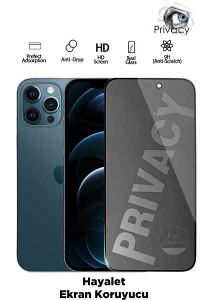İphone 12 Pro Max Uyumlu Tam Kapatan Hayalet Ekran Koruyucu Privacy Tamperli Kırılmaz Cam