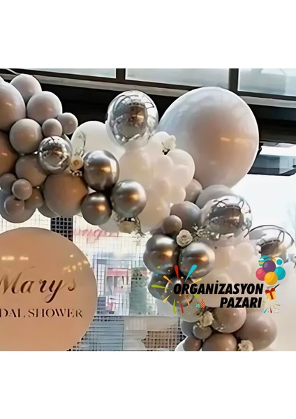 Balon Seti Krom Gümüş-Taş Rengi-Pastel Beyaz 60 Lı Balon Zinciri Seti fiyatları