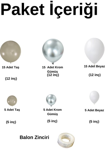 Balon Seti Krom Gümüş-Taş Rengi-Pastel Beyaz 60 Lı Balon Zinciri Seti modelleri