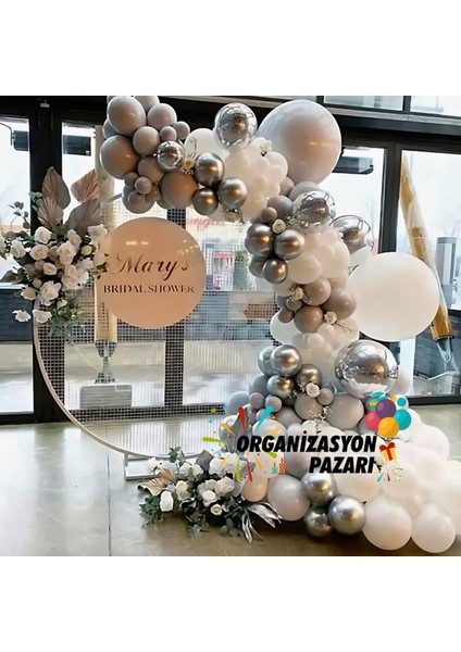 Balon Seti Krom Gümüş-Taş Rengi-Pastel Beyaz 60 Lı Balon Zinciri Seti