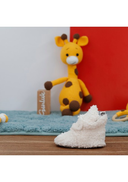 Teddy Bebek Pandufu, Kaydırmaz Taban, Organik Pamuk Astar, Ev Kreş Ayakkabısı, Ekru Beyaz