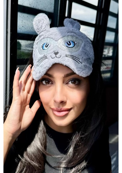 Gri Renk Kedi Figürlü Peluş Uyku Bandı