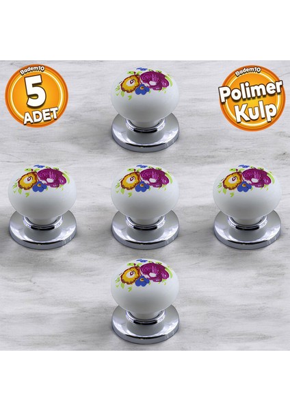 Polimer Kulp Düğme Çiçek Desenli Krom Tabla Mobilya Mutfak Dolabı Çekmece Dolap Kulpu Kulbu 5 Adet
