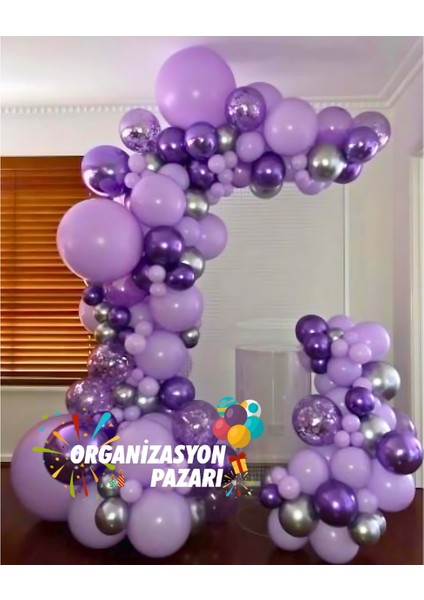 Balon Seti Krom Mor-Krom Gümüş-Makaron Lila-Mor 100 Lü Balon Zinciri Seti