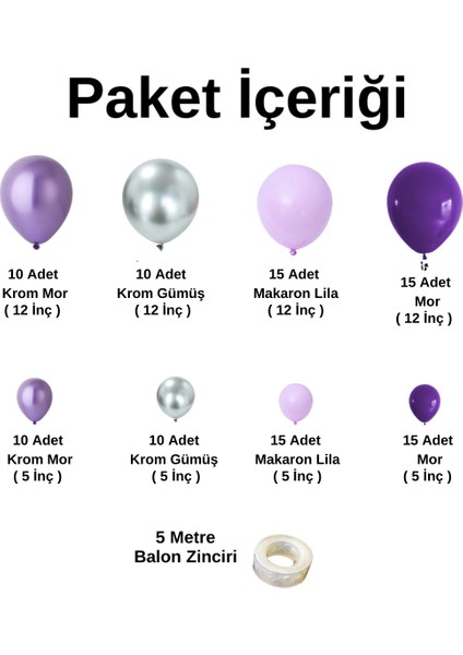 Balon Seti Krom Mor-Krom Gümüş-Makaron Lila-Mor 100 Lü Balon Zinciri Seti fiyatları