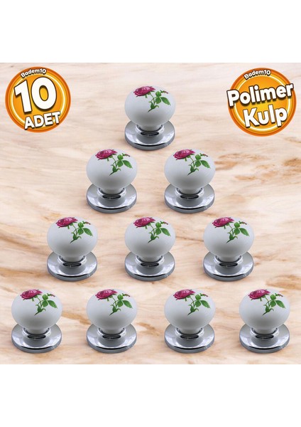 Polimer Düğme Kulp Gül Desenli Krom Tabla Mobilya Mutfak Dolabı Çekmece Dolap Kulpu Kulbu 10 Adet
