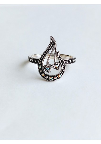 925 Ayar Gümüş Siyah Markazit Taşlı Lale Tasarım Kadın Yüzük No:17 No:14 Doğum Günü Hediye