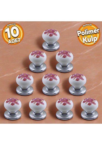 Polimer Kulp Düğme Pembe Çiçek Desenli Krom Tabla Mobilya Mutfak Dolabı Çekmece Kulpu Kulbu 10 Adet
