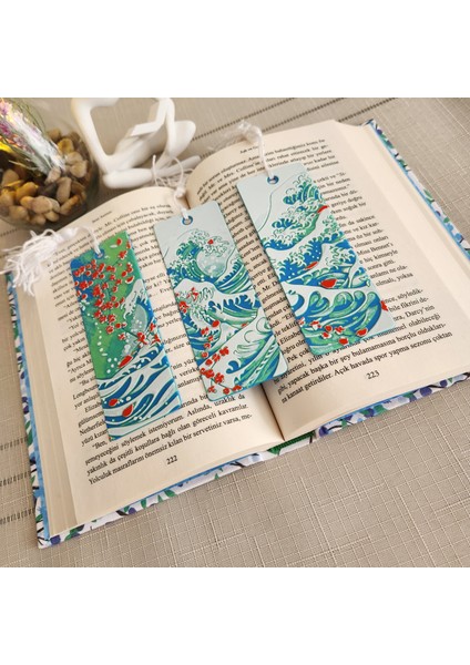 3 Lü Okyanus Dalgalı Püsküllü Kabartmalı Kitap Ayracı Seti 3D 3 Boyutlu Altındal Home