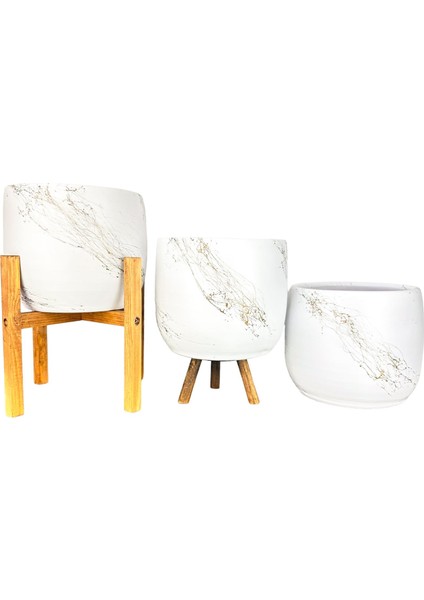 Ev Dekorasyon Aksesuar Beyaz Üzeri Gold Mermer Efektli Toprak Saksı Saksılık Salon Çiçeklik Üçlü Set- 19 CM fırsatları