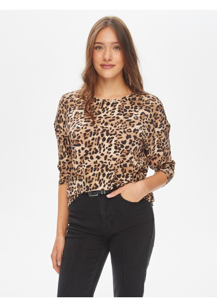 Leopar Desen Yuvarlak Yaka Uzun Kol T-Shirt 69534