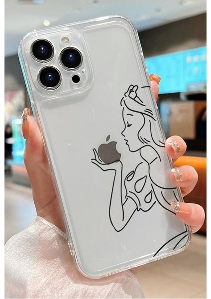 İphone 14 Pro Max Uyumlu Elma Tutan Çizgi Prenses Desenli Şeffaf Silikon Kılıf