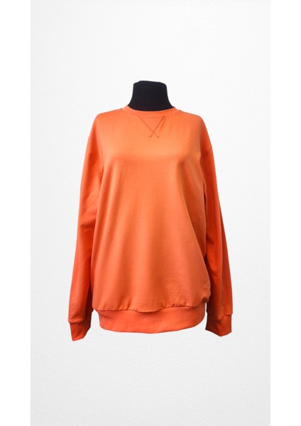 Turuncu Unisex Normal Kalıp Bisiklet Yaka Manşetli Sweatshirt