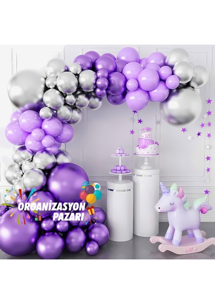 Balon Seti Krom Mor-Lila-Krom Gümüş 60 Lı Balon Zinciri Seti