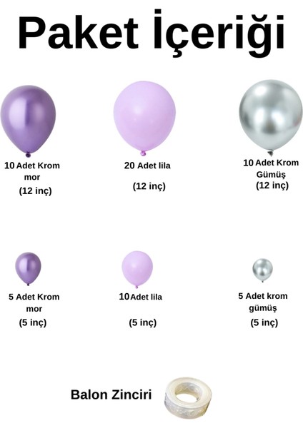 Balon Seti Krom Mor-Lila-Krom Gümüş 60 Lı Balon Zinciri Seti fiyatları