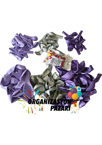 Balon Seti Krom Mor-Lila-Krom Gümüş 60 Lı Balon Zinciri Seti modelleri