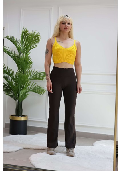 Ispanyol Paça Yüksek Bel Tayt Acı Kahve