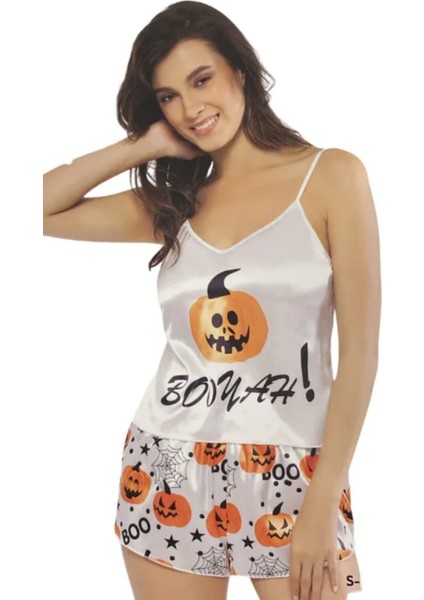 Baskılı Desenli Şortlu Ince Askılı Saten Kadın Gecelik 2li Pijama Takımı Desenli