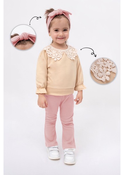 Güpür Yaka Detaylı Kız Bebe Taytlı takım - Pembe