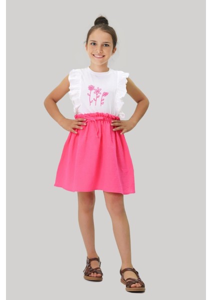 Papatya Nakışlı Müslin Etekli Takım - Fuşya