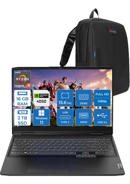 Ideapad Gaming 3 15ARH7 Ryzen 5 7535HS 16GB Ddr5 2tb SSD 6GB/RTX4050 (85W) Windows 11 Home IPS 120Hz 15.6" Fhd Taşınabilir Bilgisayar 882SB00PDTXWH03 + Zettaçanta