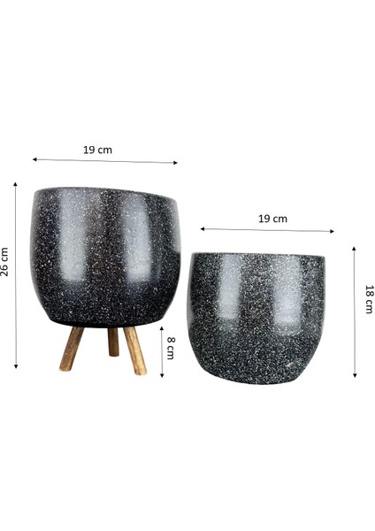 Ev Dekorasyon Aksesuar Siyah Granit Toprak Saksı Saksılık Salon Çiçeklik İkili Set Ayaksız - 3 Ayaklı- 19 CM fiyatları