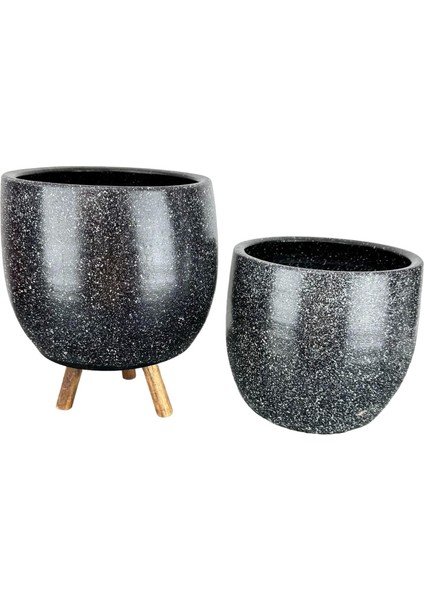Ev Dekorasyon Aksesuar Siyah Granit Toprak Saksı Saksılık Salon Çiçeklik İkili Set Ayaksız - 3 Ayaklı- 19 CM indirimleri
