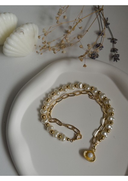 Handmade Pirinç Üzeri Altın Kaplama Incili Istiridye Kadın Kolye - Golden Pearl fiyatları