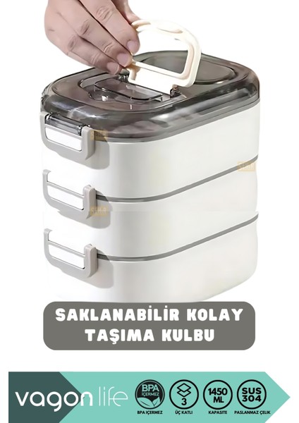 Bento 1450 ml Lunchbox Yeni Koleksiyon Üç Katlı 5 Bölmeli Çelik Sefer Tası Yemek Kutusu