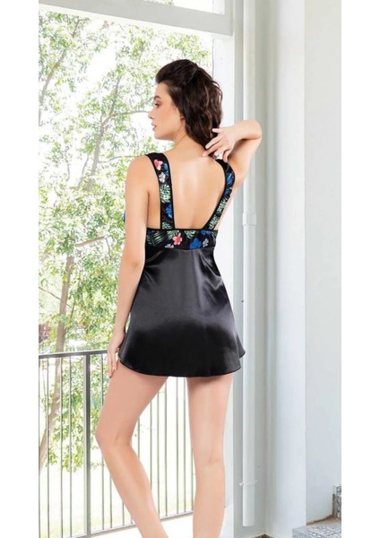 Saten Kısa Siyah Çiçek Desenli Çok Rahat Kadın Pijama Gecelik Takımı fiyatları