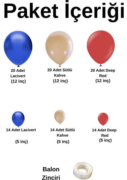 Balon Seti Lacivert-Sütlü Kahve-Deep Red 100 lü Balon Zinciri Seti fiyatları