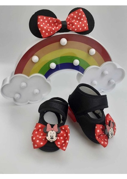 Vavbaby Minnie Siyah Renk Kız Bebek Bandana ve Ayakkabı 0-6 Ay Şirin Sevimli Rahat Yumuşak Taban