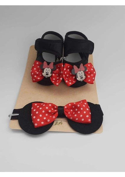 Vavbaby Minnie Siyah Renk Kız Bebek Bandana ve Ayakkabı 0-6 Ay Şirin Sevimli Rahat Yumuşak Taban
