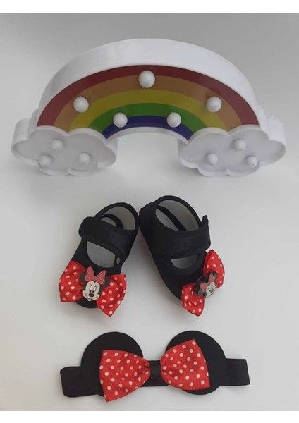 Vavbaby Minnie Siyah Renk Kız Bebek Bandana ve Ayakkabı 0-6 Ay Şirin Sevimli Rahat Yumuşak Taban